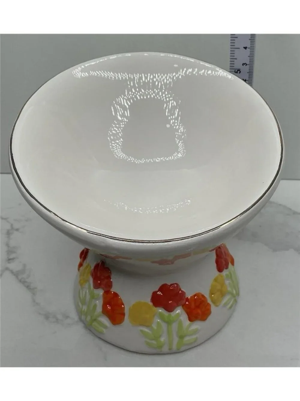 Mellow & Mod Pet Bowl Dish Elevated and Tilted Small Ceramic White Floral New